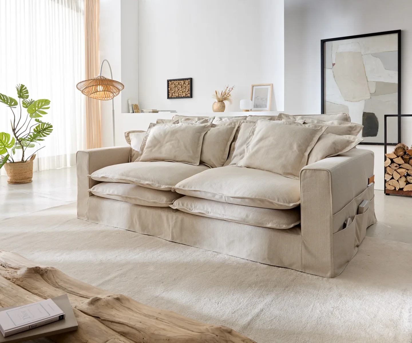 Hussensofa Noelia 240x145 cm Elfenbeinfarben mit Kissen