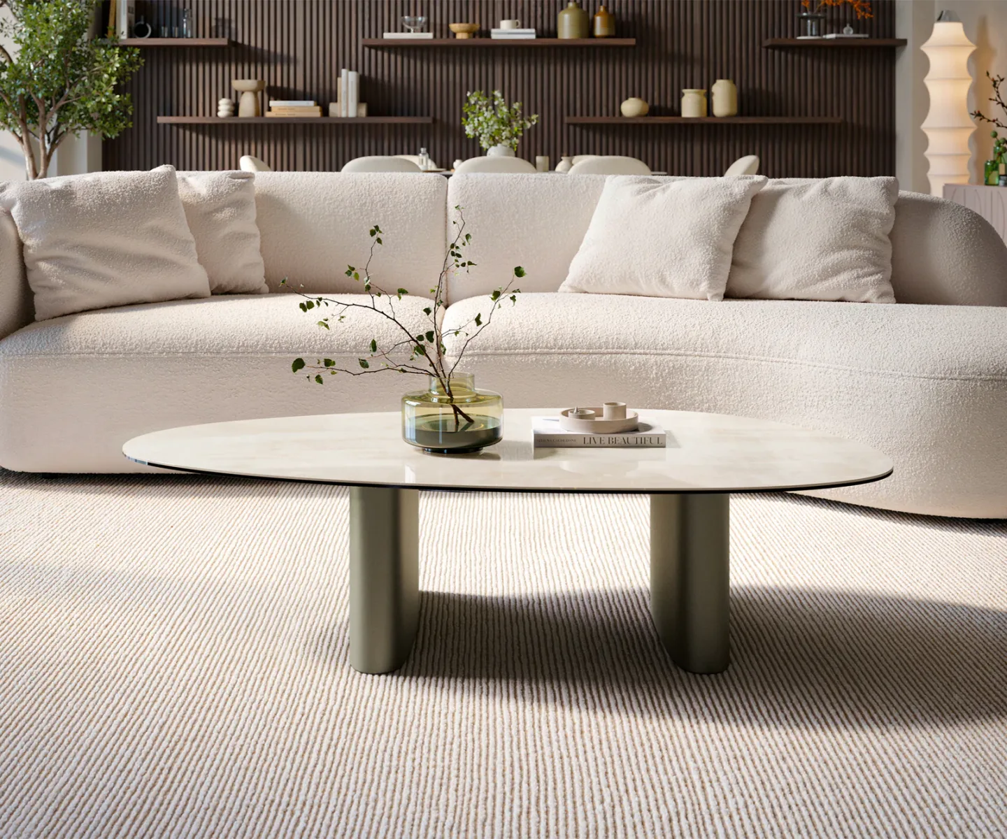 Couchtisch Edge Oval 140x75 cm Keramik Onyx Champagne Ovada Effektfinish Titan
