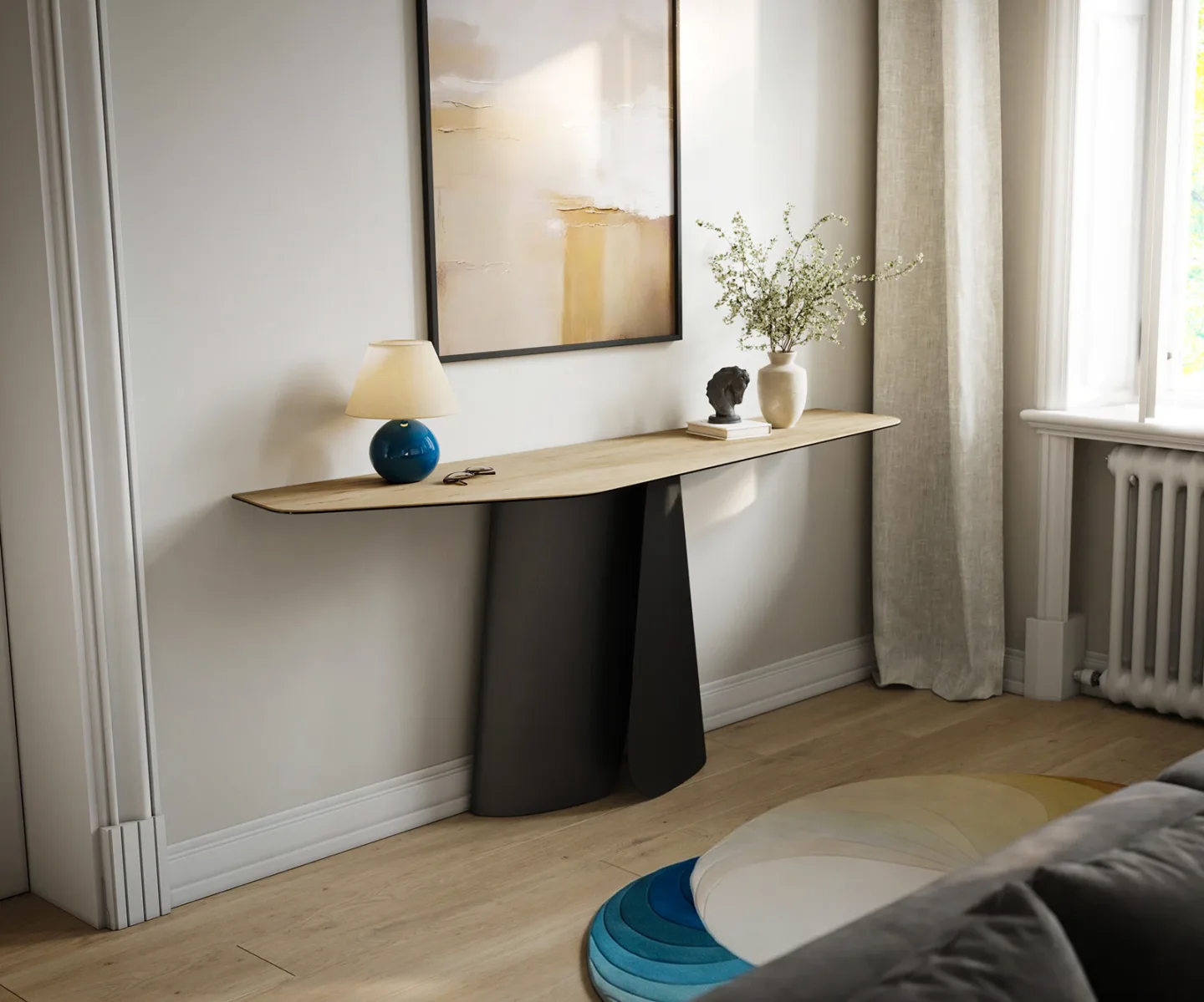 Konsolentisch Edge Polygonal 180x50 cm Keramik Laminam® Sabbia Eichefarbig Livos Metall Schwarz