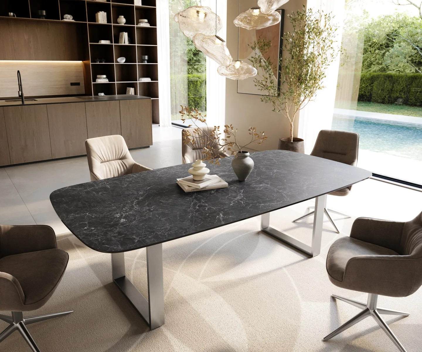 Esstisch Edge Boot 240x120 cm Keramik Laminam® Nero Greco Anthrazit Edelstahl Schmal