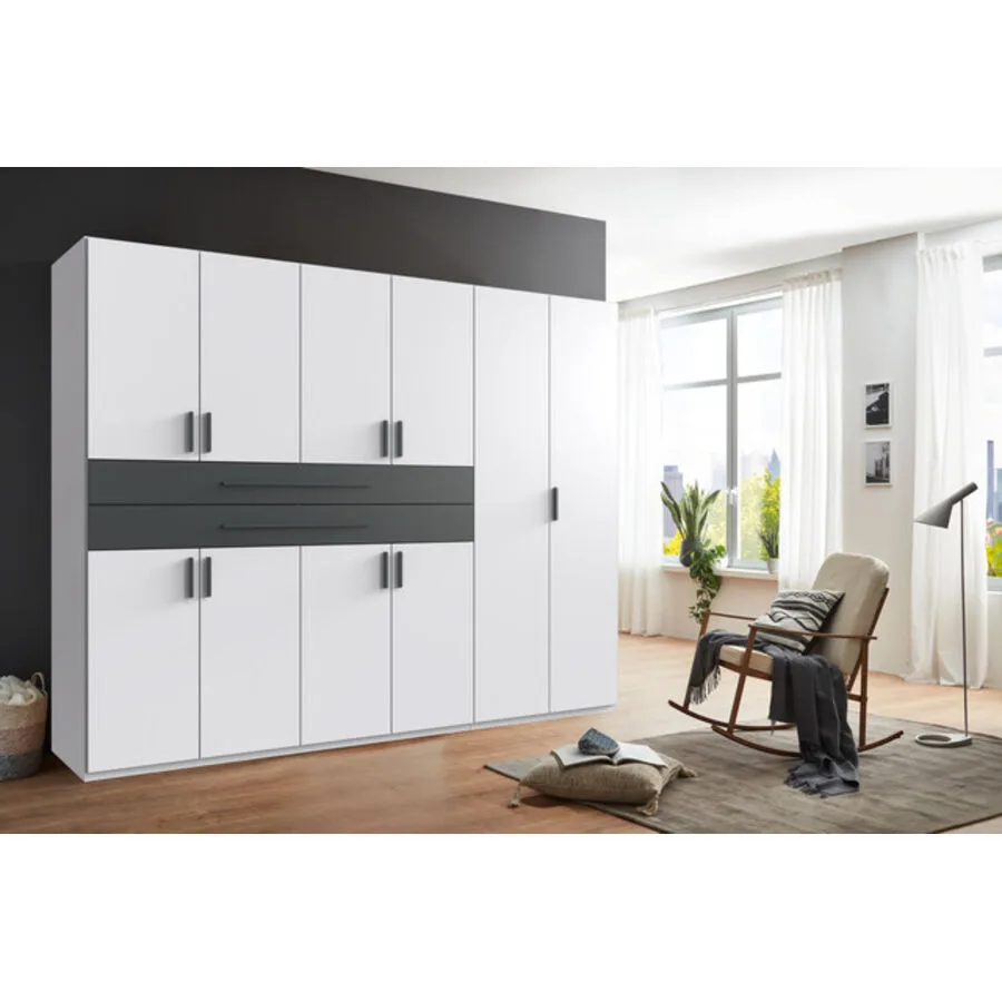 Kleiderschrank Stride Weiß, Rahmen + Abs. Grafit - Griffe Grafit Mischholz B 270 cm