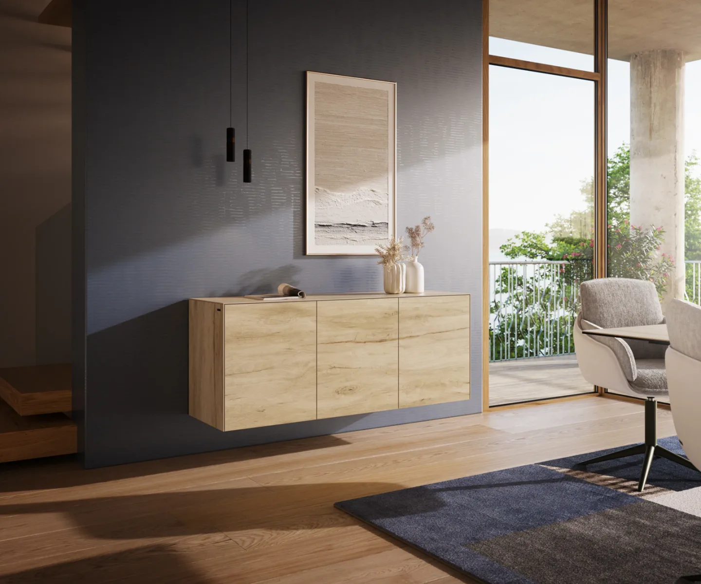 Sideboard Cuor 150 cm Keramik Laminam® Sabbia Eichefarbig 3 Türen Schwebend