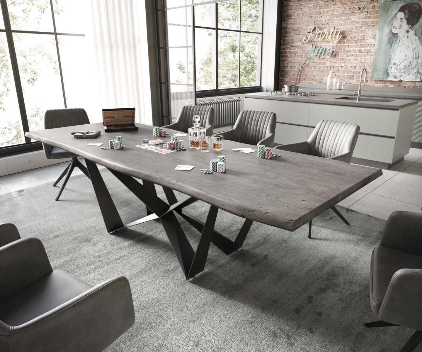 Esstisch Edge 260x100 Akazie Platin Spider Flachstahl Schwarz Live-Edge