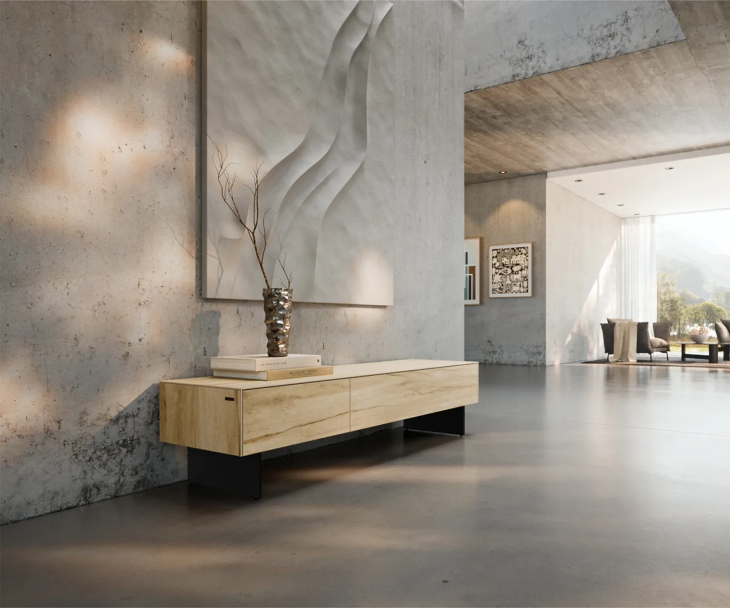 Lowboard Cuor 150 cm Keramik Laminam® Sabbia Eichefarbig 1 Klappe 1 Schubfach Fuß Schwebeoptik Metall Schwarz