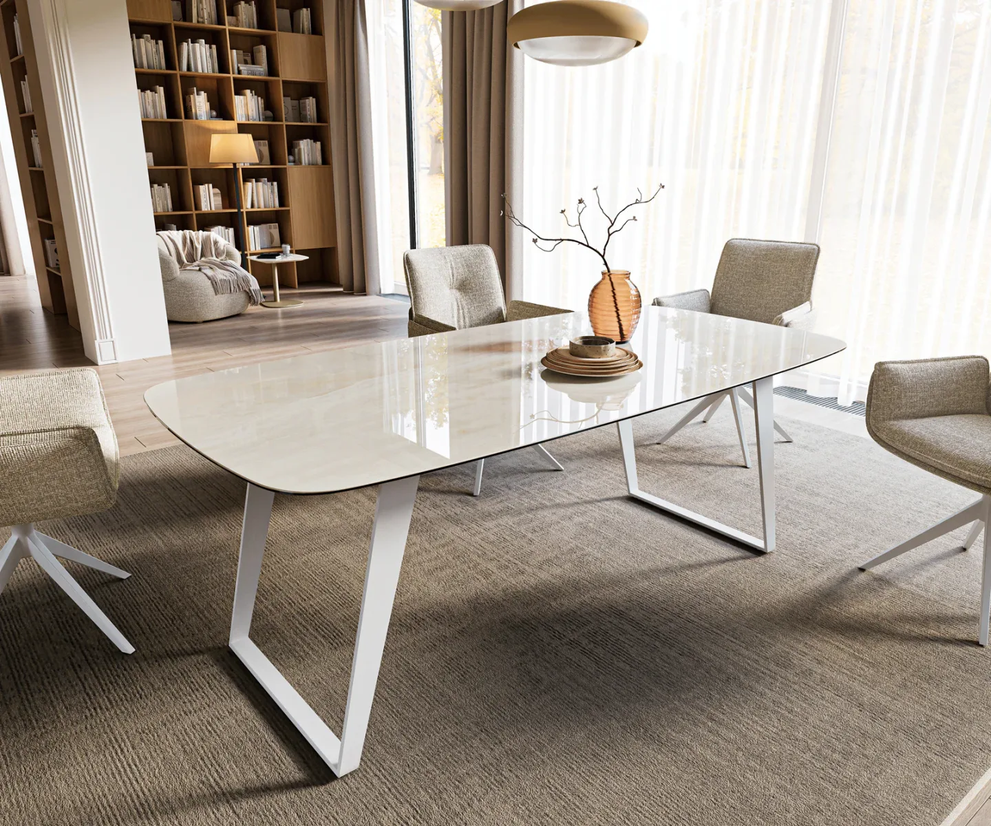 Esstisch Edge Boot 200x100 cm Keramik Onyx Champagne Metall Schräg Weiß