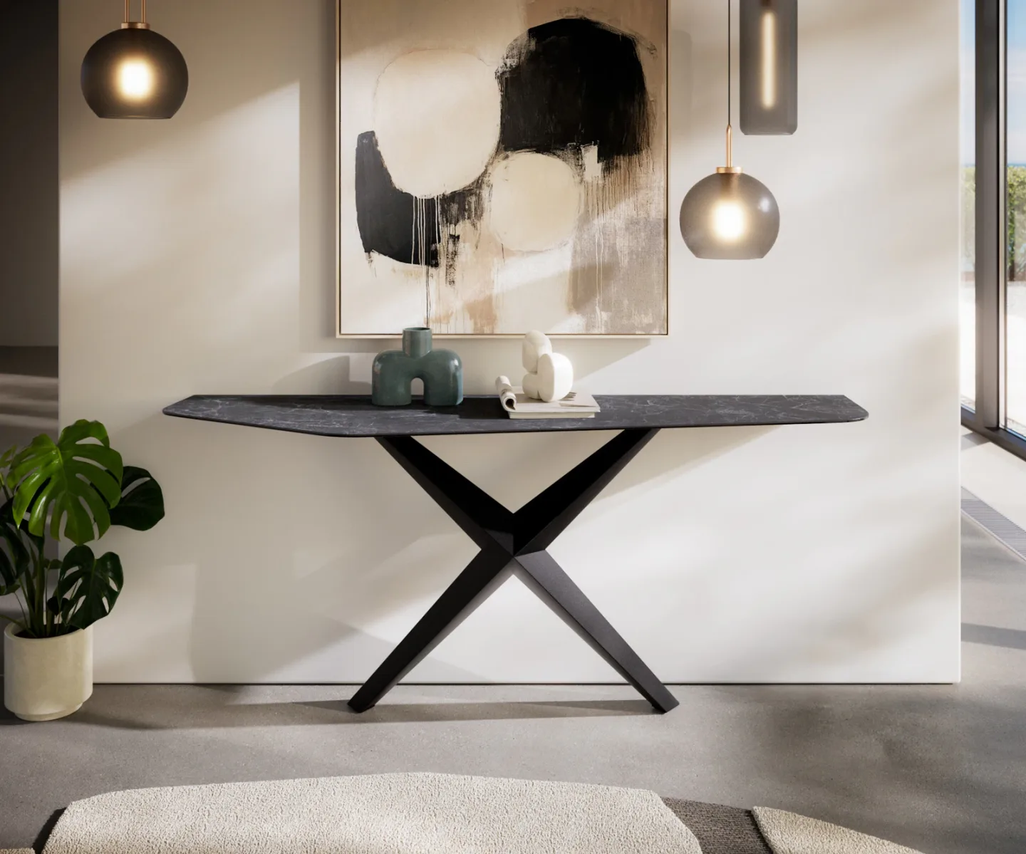 Konsolentisch Edge Polygonal 180x50 cm Keramik Laminam® Nero Greco Anthrazit Zentharo Metall Schwarz