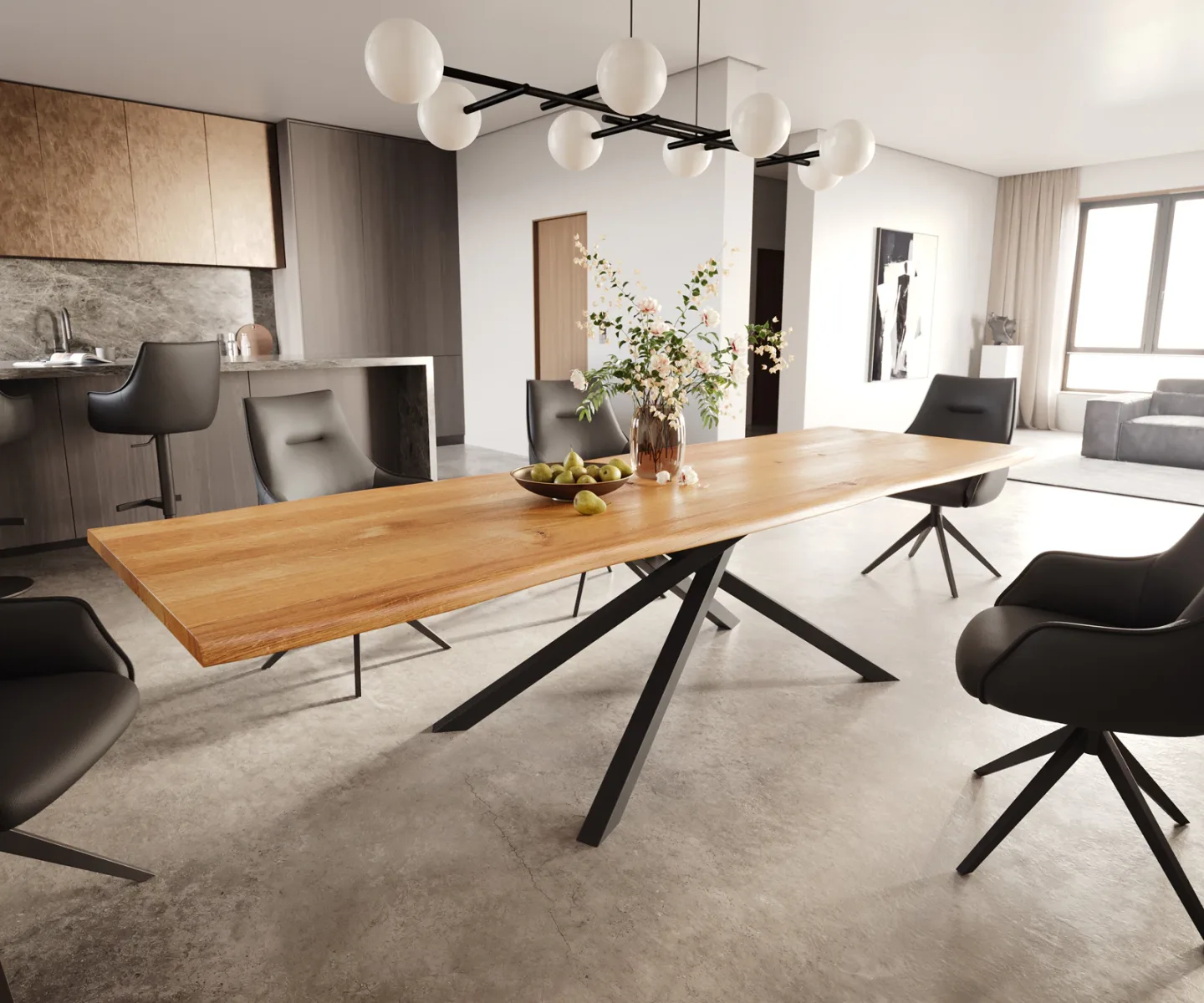 Esstisch Edge 300x100x4 Eiche Natur Kreuzgestell Rechteck Schwarz Live-Edge