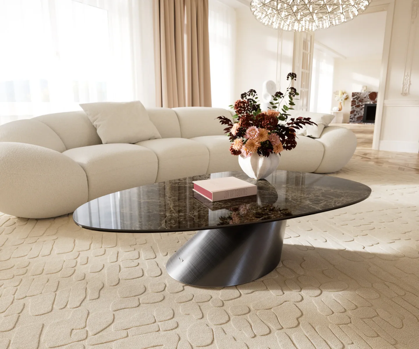Couchtisch Edge Oval 140x75 cm Keramik Emperador Extra Lucidato Dunkelbraun Conis Metallic Silber