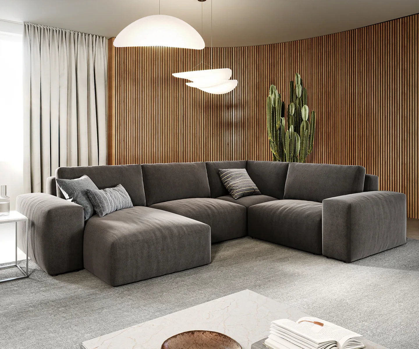 Wohnlandschaft Lanzo 300x210 cm Mikrofaser Khakibraun Recamiere variabel