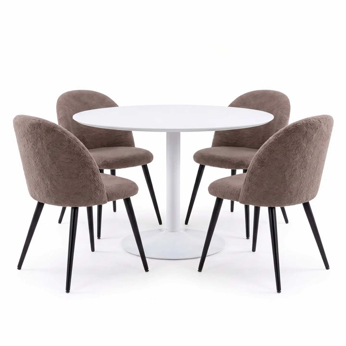Carry Essgruppe Tisch Ø110 cm, 4 Bouclé-Stühle braun.