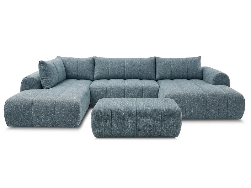 Panorama-Ecksofa mit Hocker BOBOCHIC NESTY Stoff chiniert blau
