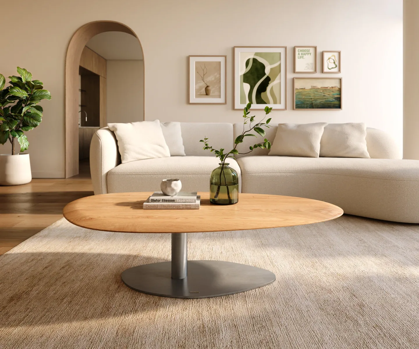 Couchtisch Edge Oval 140x75 cm Eiche Natur Runde Kante Vibany Edelstahl gebürstet