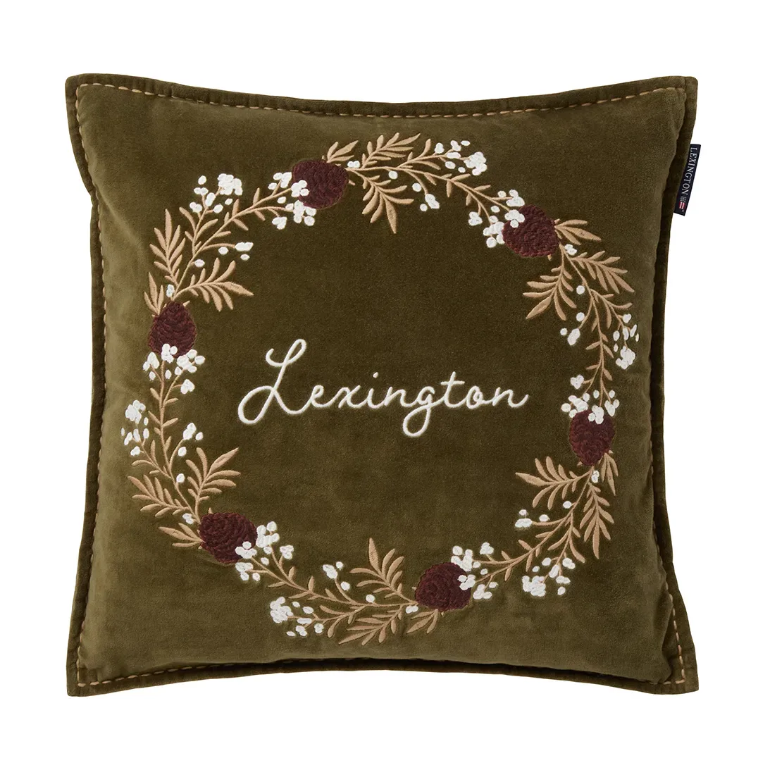 Lexington Wreath ekologisk bomullssammet kuddfodral 50x50 cm Olive-brown-white