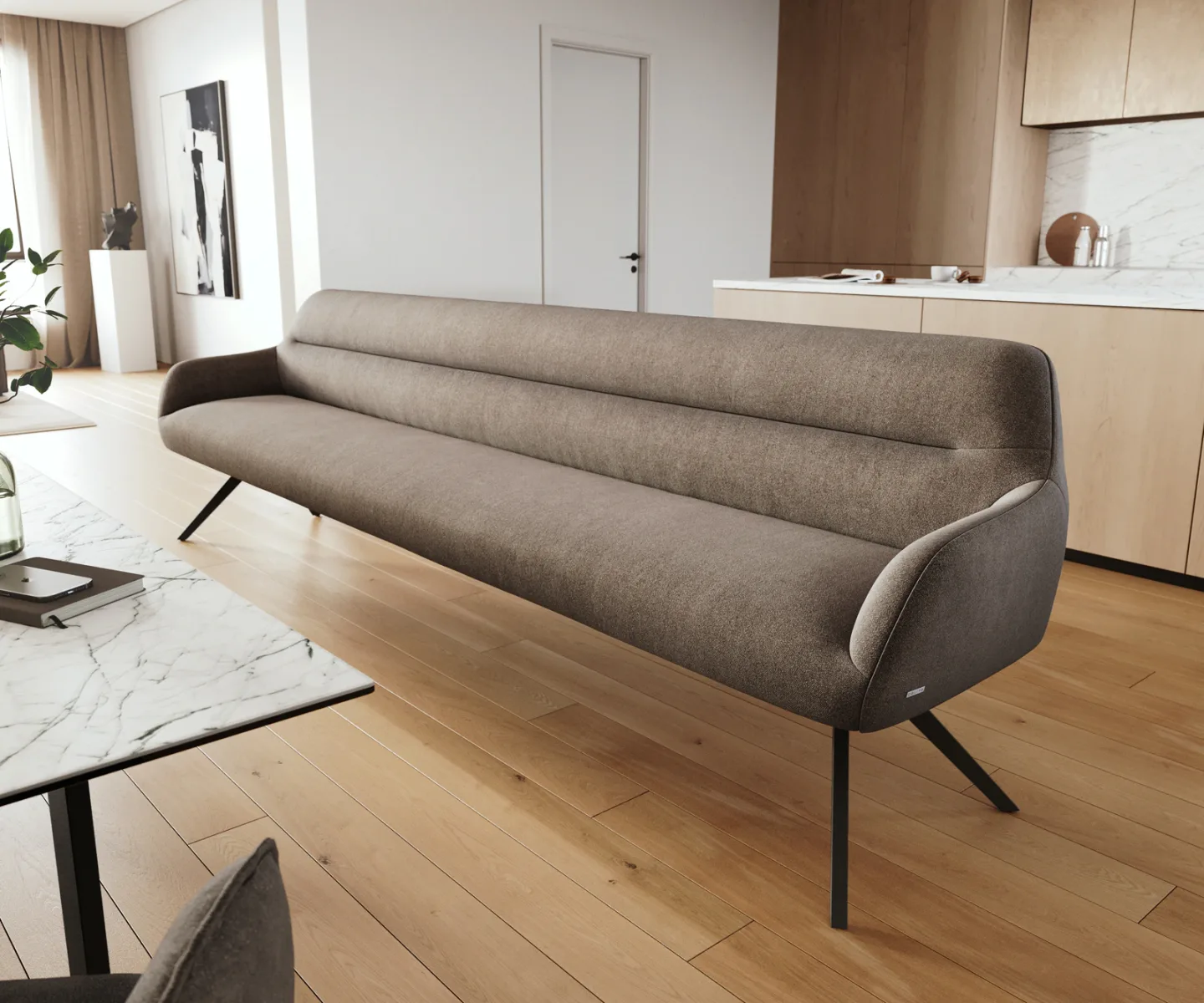 Esszimmerbank Taya-Flex 300 cm Strukturstoff Soft Taupe Kreuzgestell kantig Schwarz Taschenfederkern