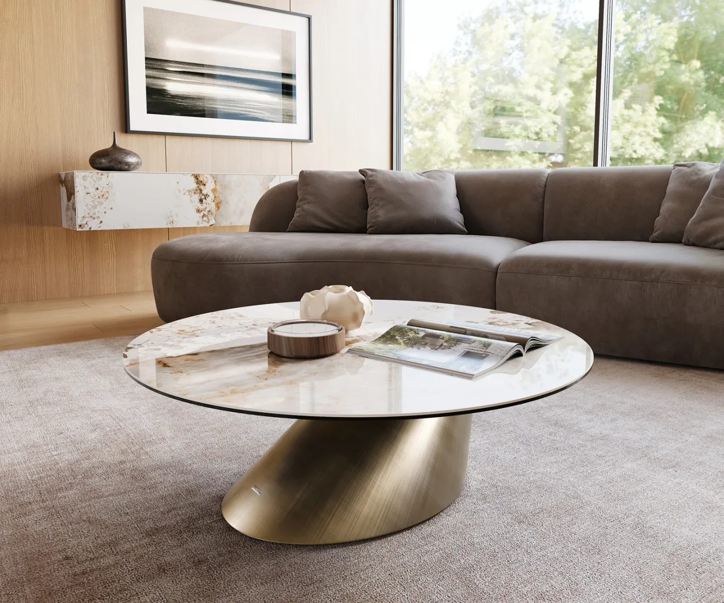 Couchtisch Edge Rund 100x100 cm Keramik Minas Melange Conis Metallic Gold
