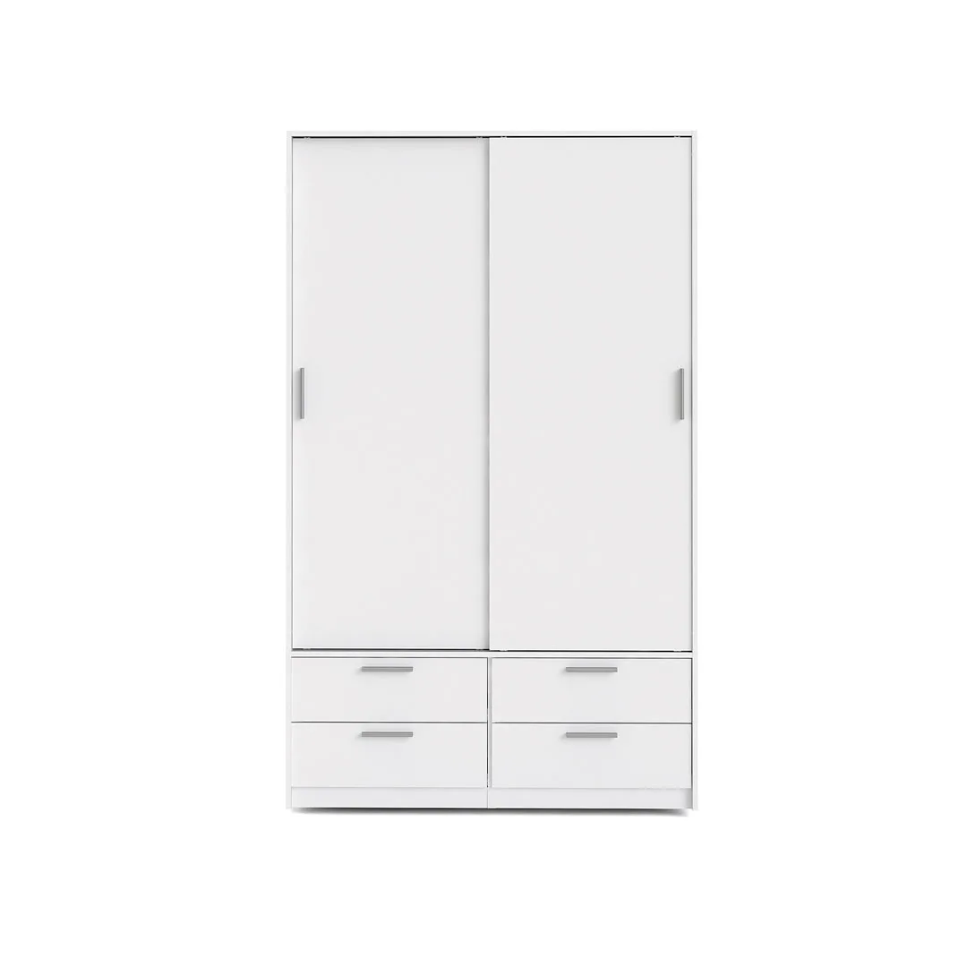 Line Kleiderschrank Schiebetürenschrank mit 2 Türen und 4 Schubladen, weiss.
