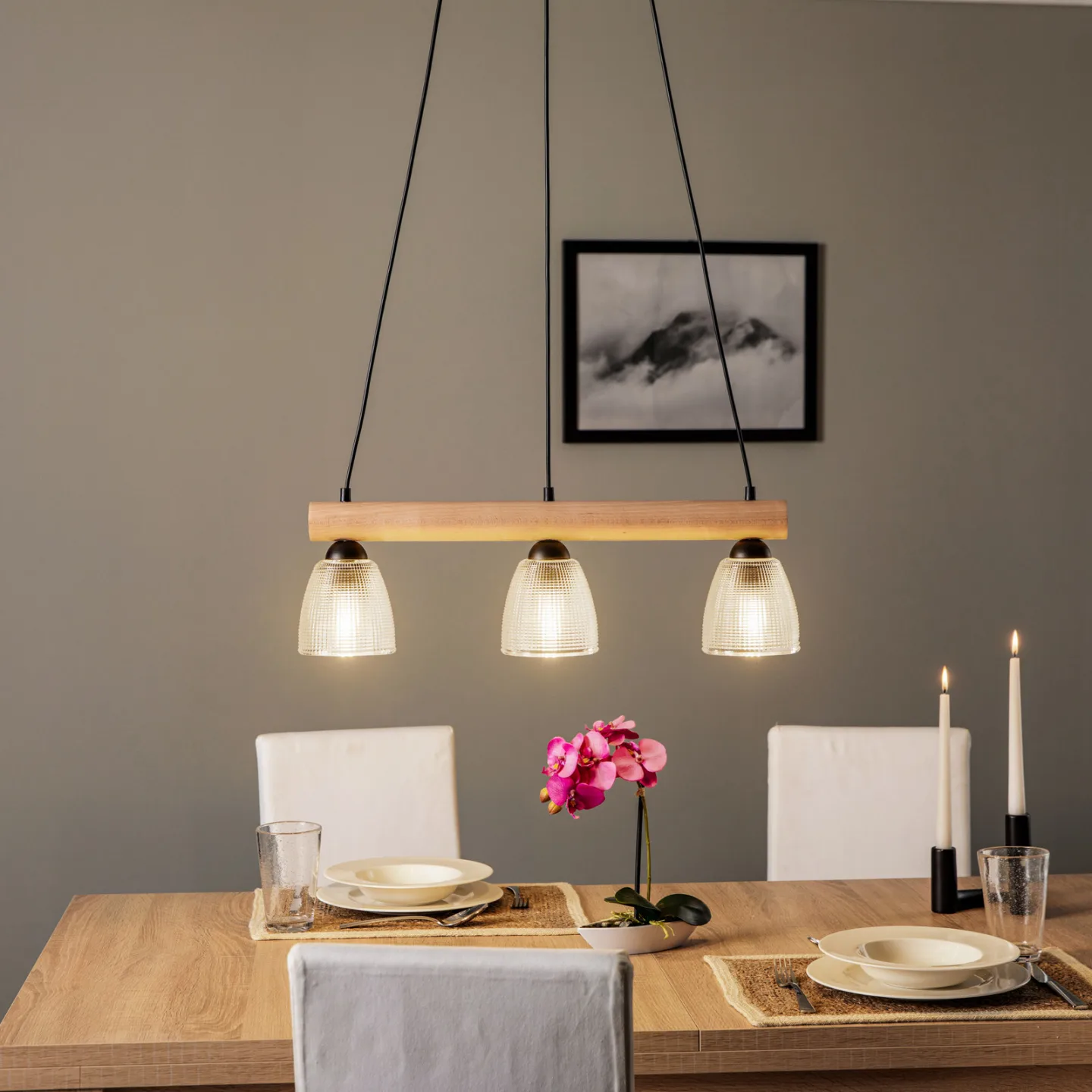 Tisan 3 Pendelleuchte Clear/Wood - Envostar - Esszimmer - Modern - Holz - Mehrflammig