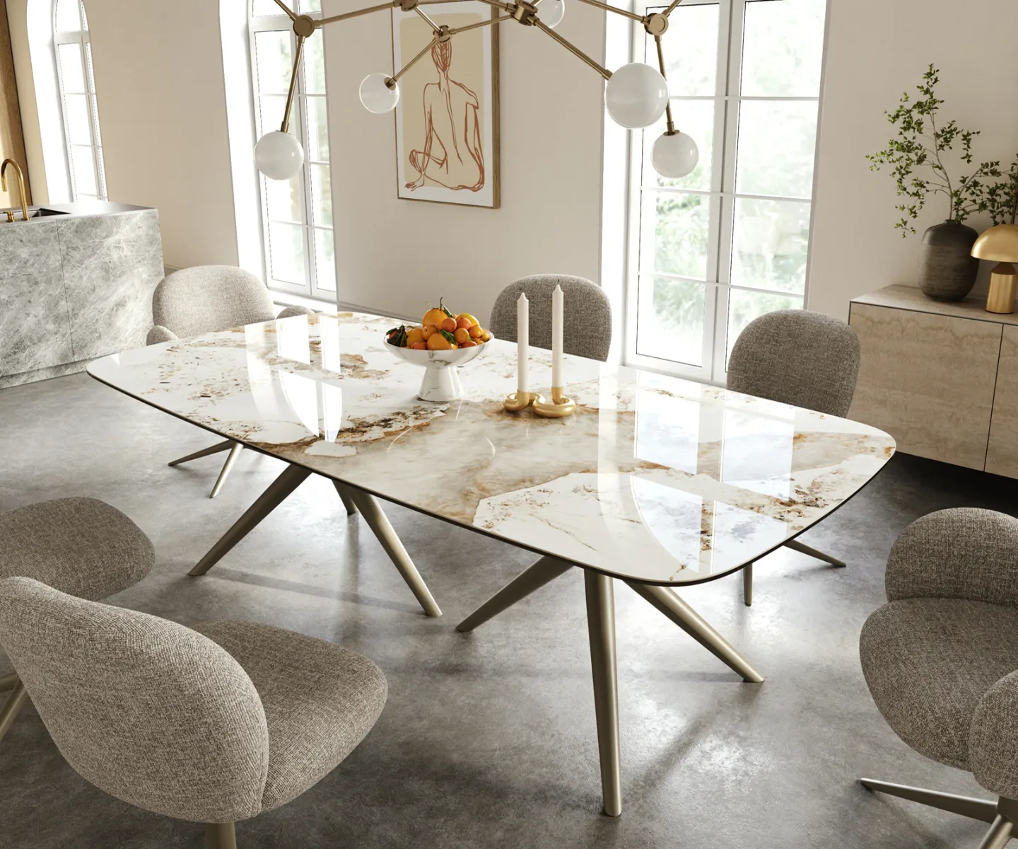 Esstisch Edge Boot 240x120 cm Keramik Minas Melange Weiß-Beige Estelar rund Metall Effektfinish Titan