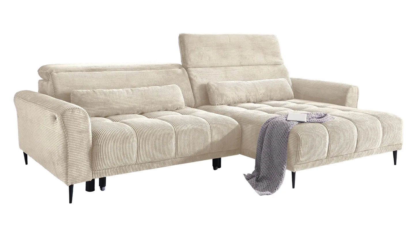 Ecksofa Cord beige elektrisch ausfahrbar 277 cm - OT rechts - LOGAN