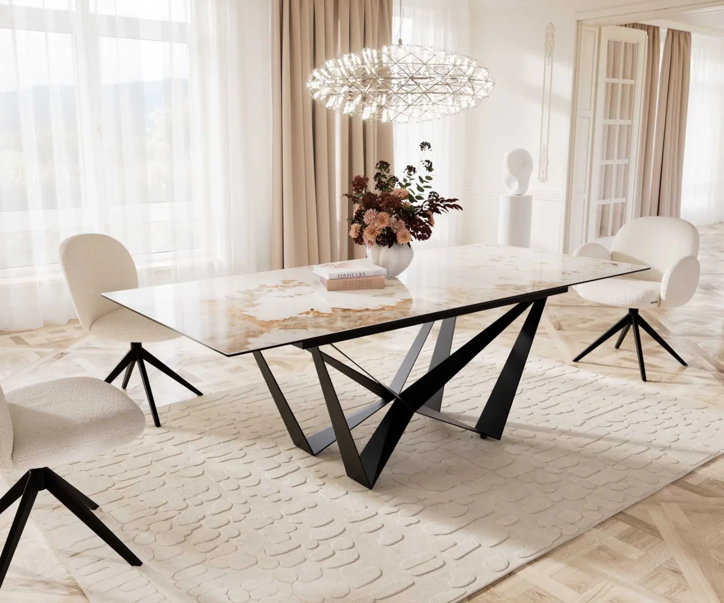 Esstisch Edge 180-220x100 Keramik Minas Melange Weiß-Beige Spider Flachstahl Schwarz ausziehbar