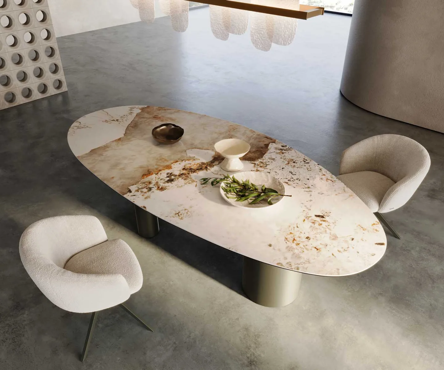 Esstisch Edge Oval 280x130 Keramik Minas Melange Weiß-Beige Troa Metall Effektfinish Titan