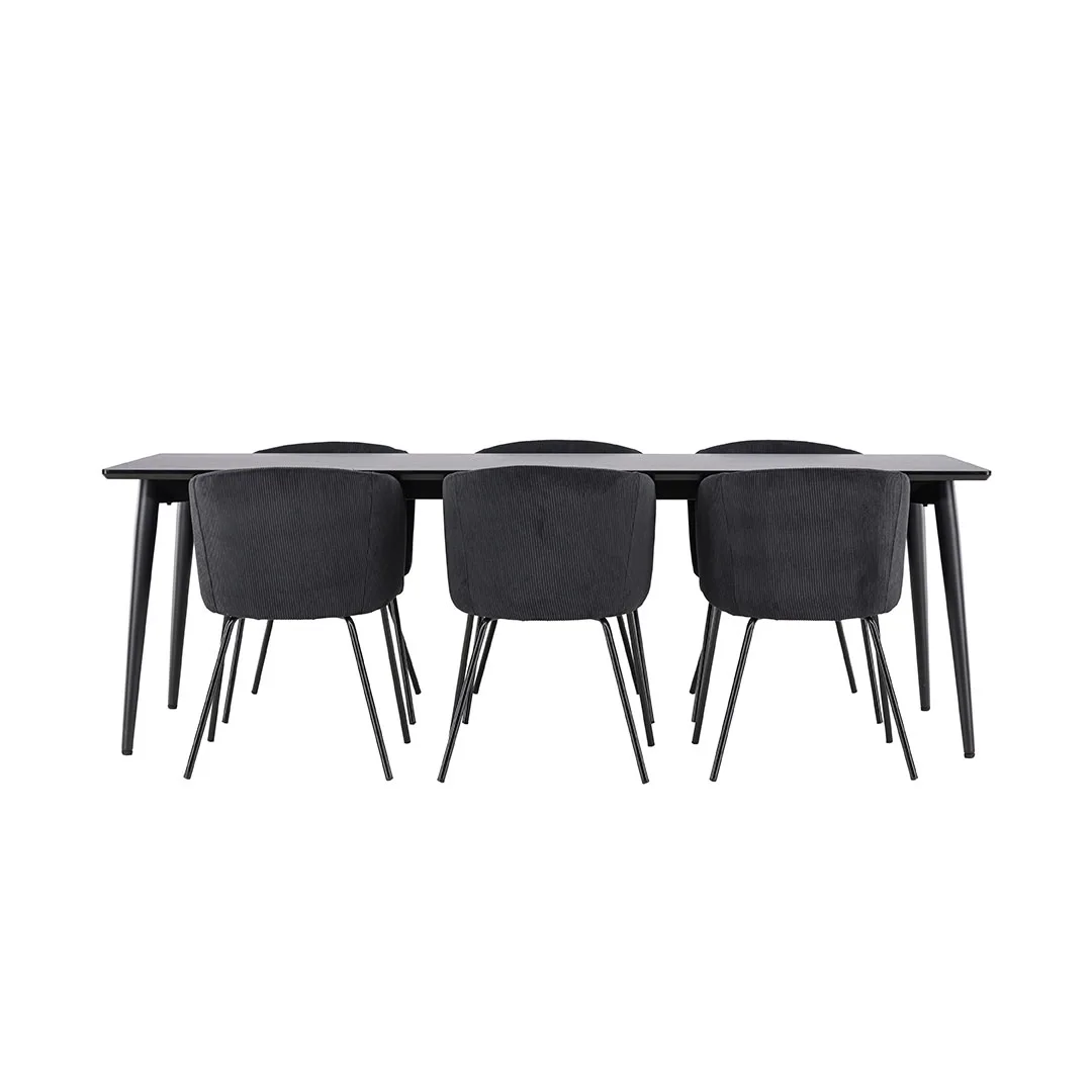 Ellis Essgruppe Tisch 85x230cm und 6 Velours Stühle mit Armlehnen schwarz.