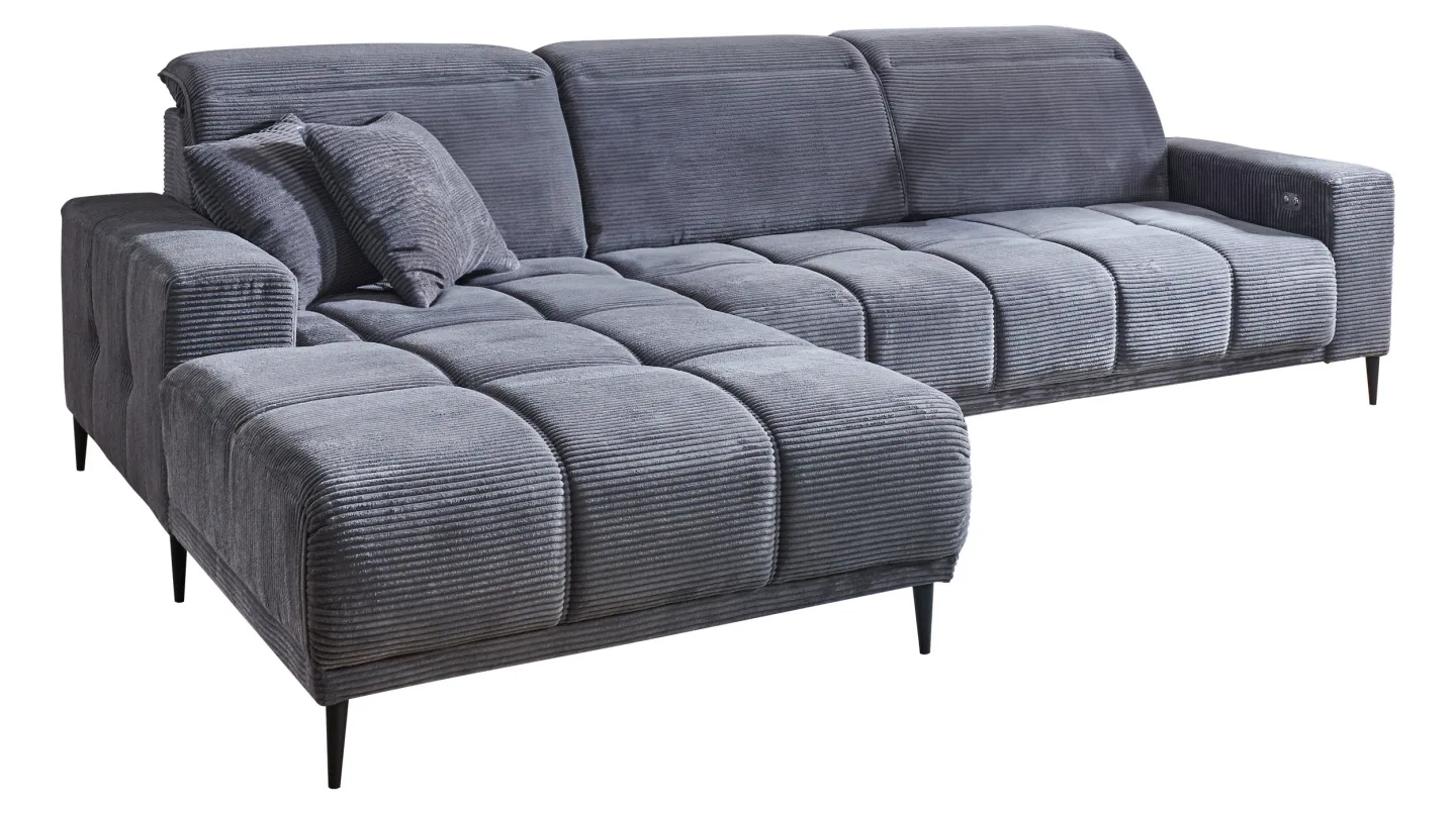 Ecksofa Cord grau elektrisch ausfahrbar 286 cm - OT links - MARISOL