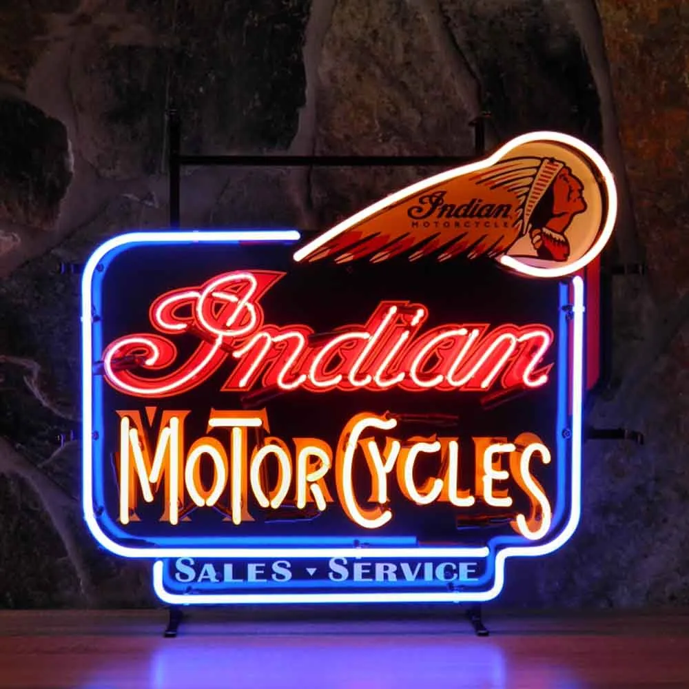 Neonskylt Indian Motorcycles med bakgrund