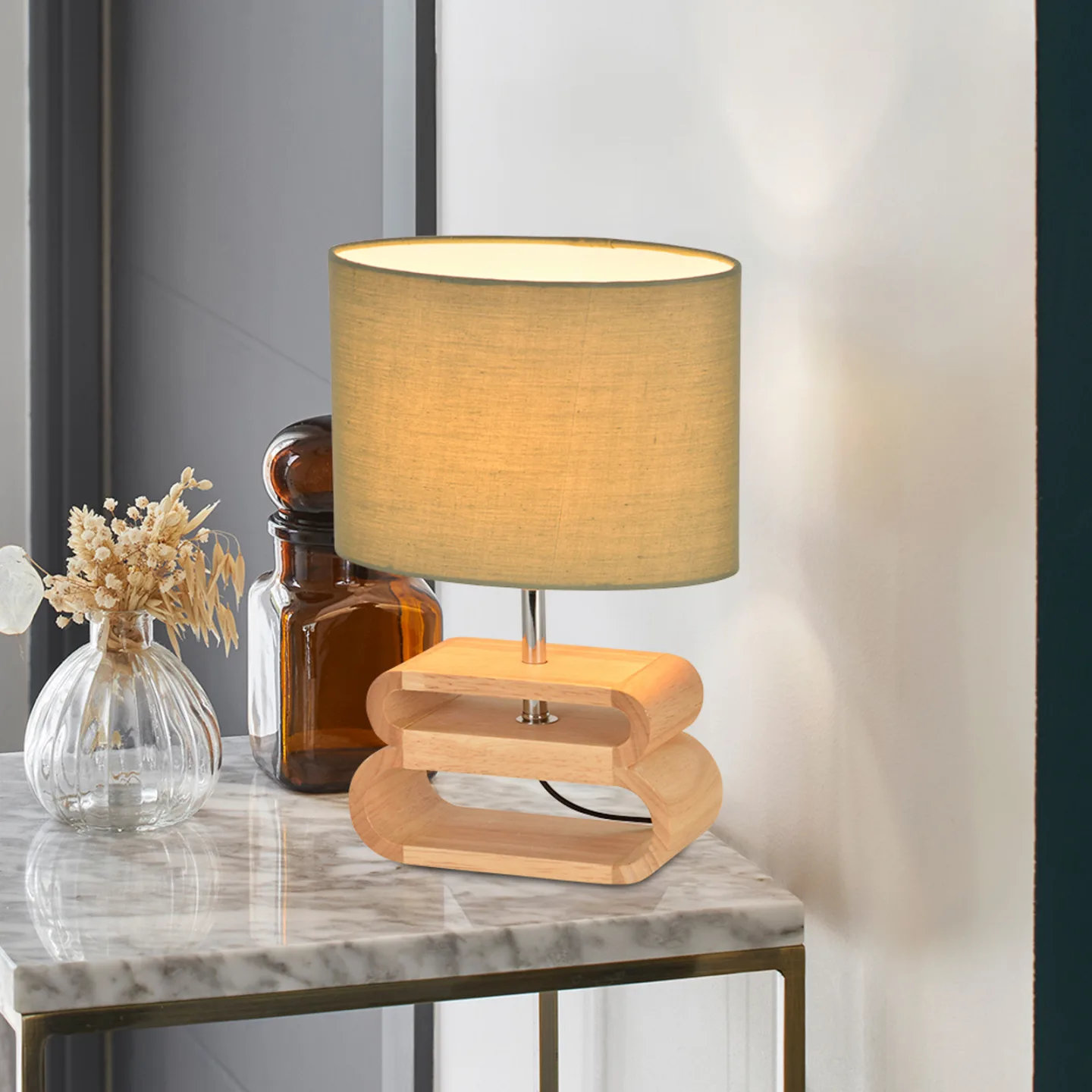 Oslo Tischleuchte weiß/holz hell Höhe 30 cm - Corep SAS - Wohnzimmer - Skandinavisch - Stoff / Textil - Mit Schirm