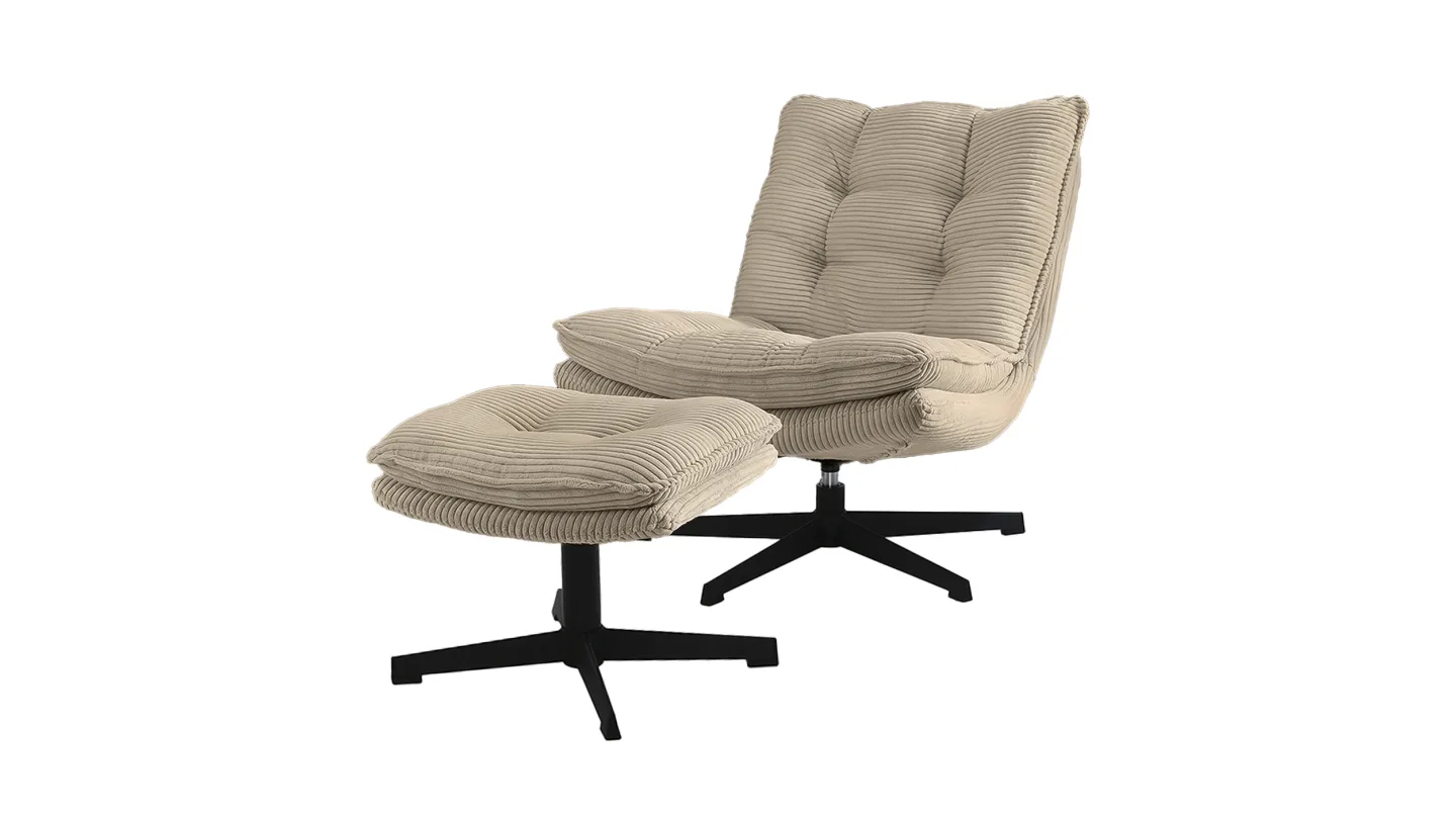 Relaxsessel mit Hocker grau-beige Cord - drehbar - KASPER