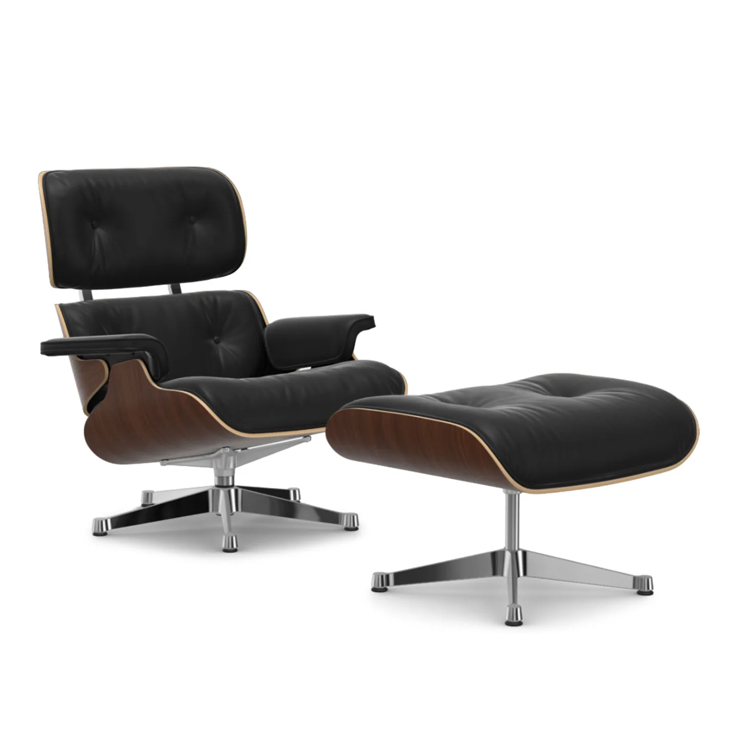 Vitra - Eames Lounge Set Dark Walnut Leather Premium Nero 66 Polished Aluminium - Fåtöljer - Charles & Ray Eames - Svart