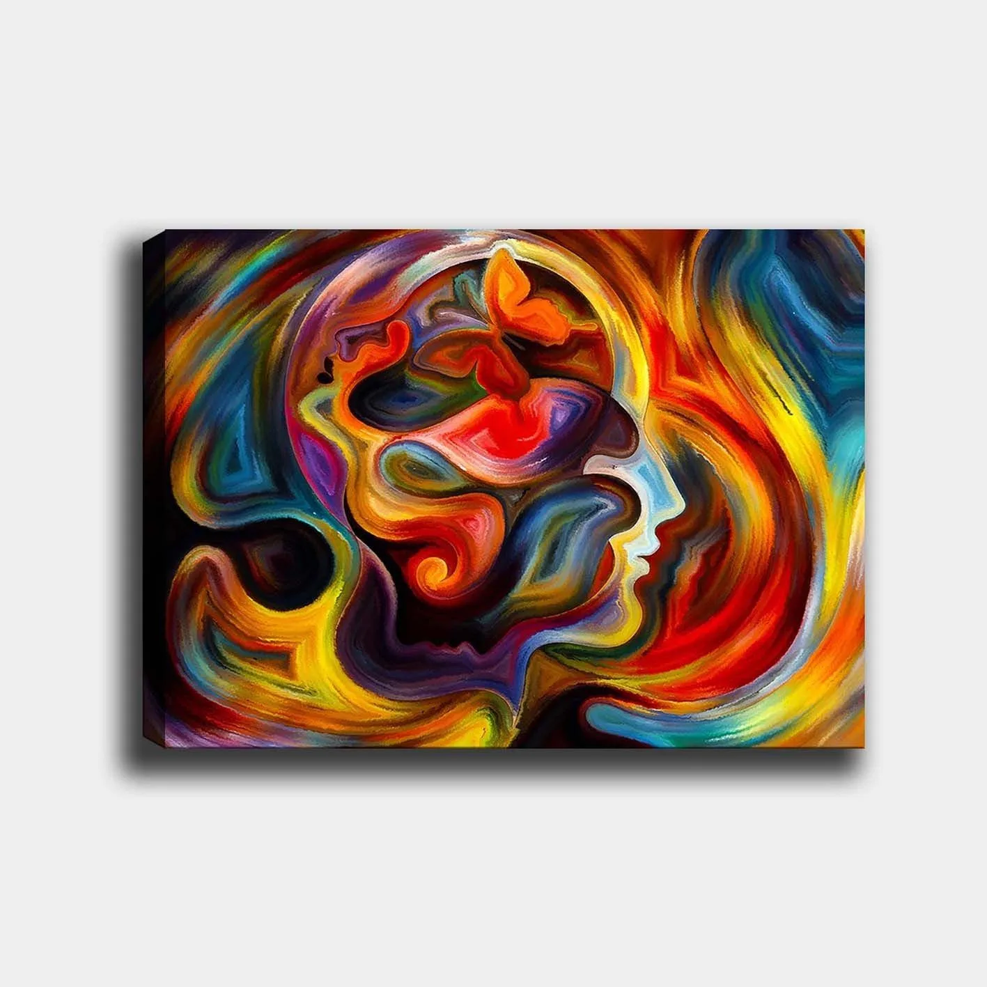 Canvastavla 70x100 cm - Färgstark och abstrakt skildring av en människas profil med inslag av en fjäril som symboliserar transformation och frihet - Röd / Orange / Blå