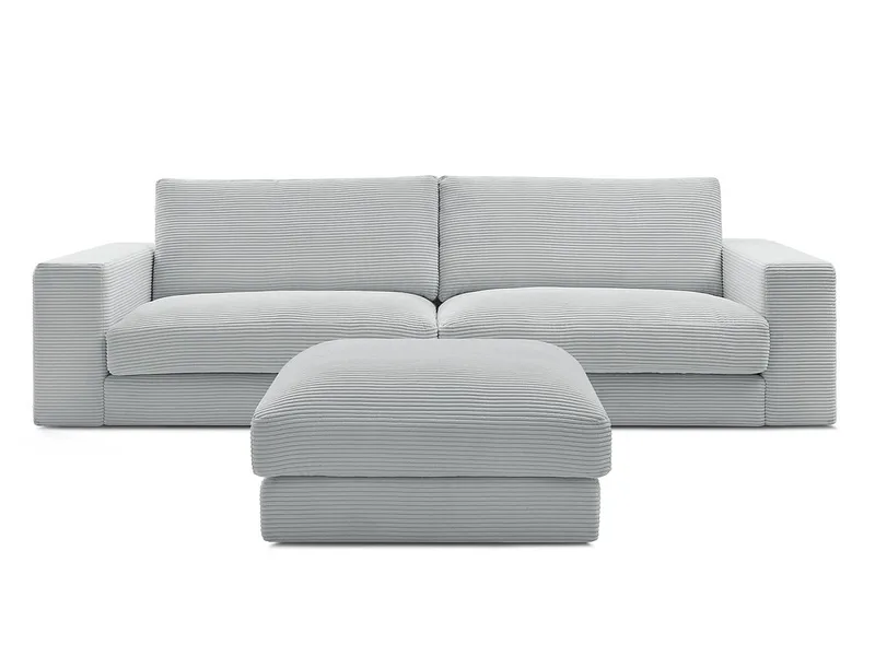 3er Sofa mit Hocker BOBOCHIC LEONARD Cord-Stoff hellgrau