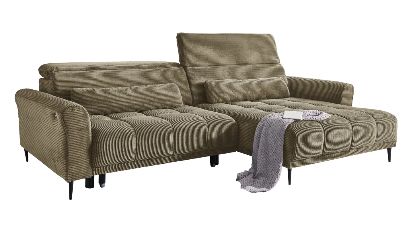 Ecksofa Cord grün elektrisch ausfahrbar 277 cm - OT rechts - LOGAN
