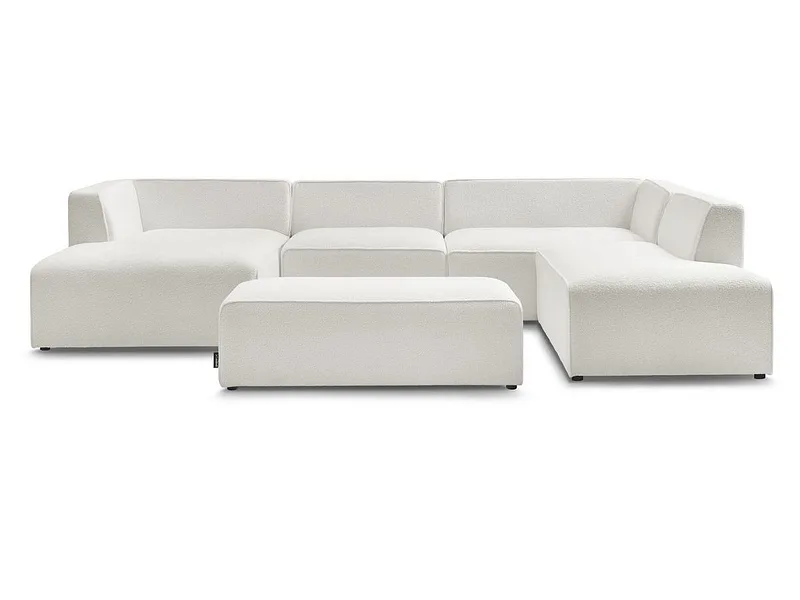 Panorama-Ecksofa mit Hocker BOBOCHIC MEGEVE Boucle-Stoff weiss