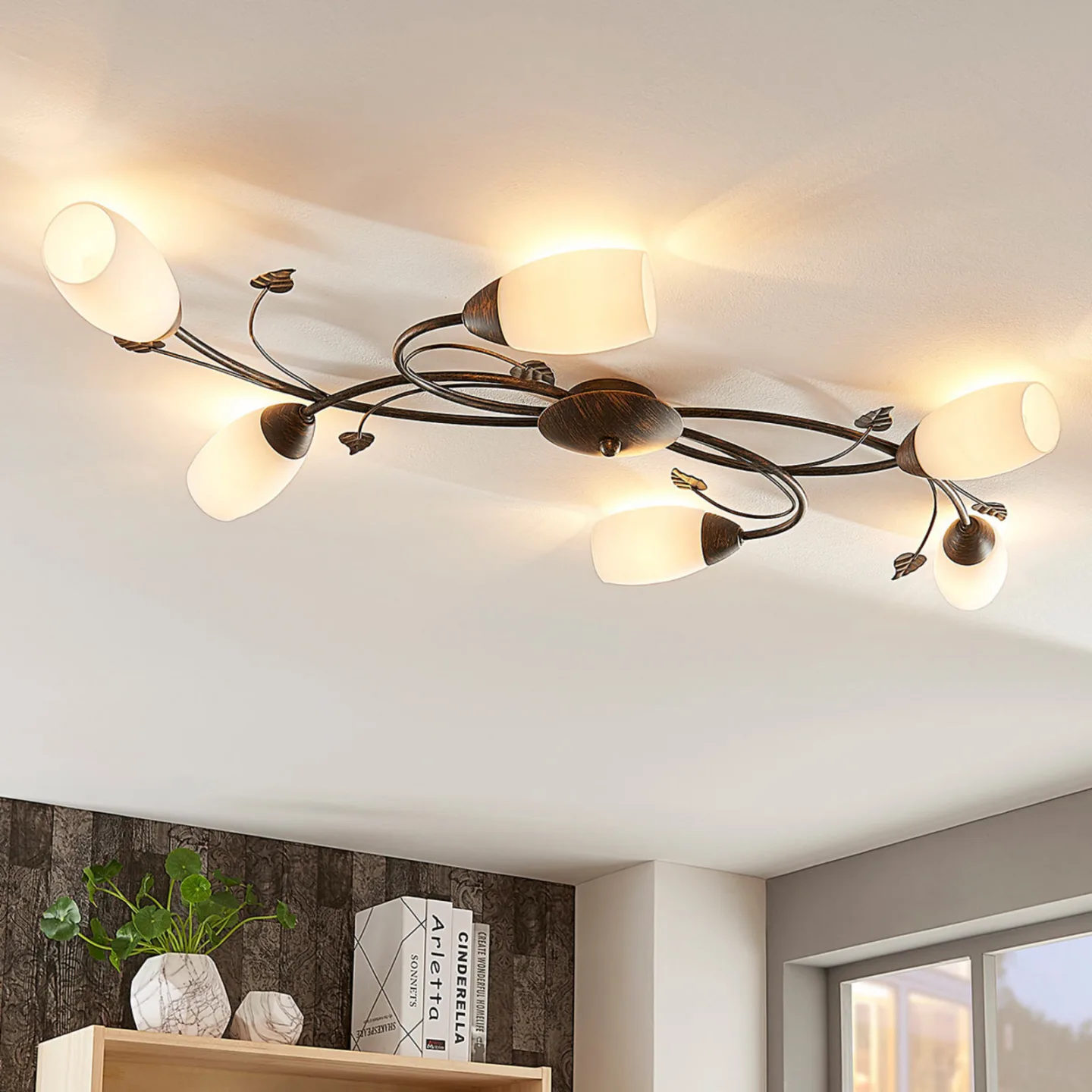 Stefania 6 Deckenleuchte White/Black-Gold - Lindby - Wohnzimmer - Antik - Glas - Mehrflammig