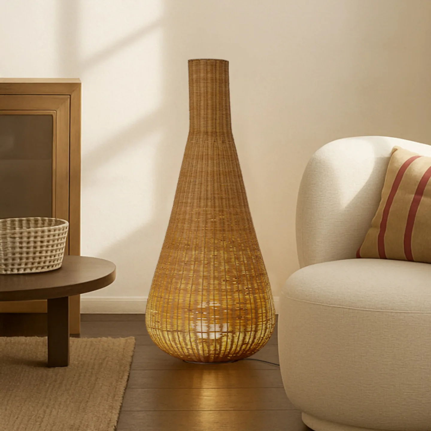 Takeo Stehleuchte, rattan, Höhe 115 cm, E27 - Lucande - Wohnzimmer - Boho - Holz - Rund