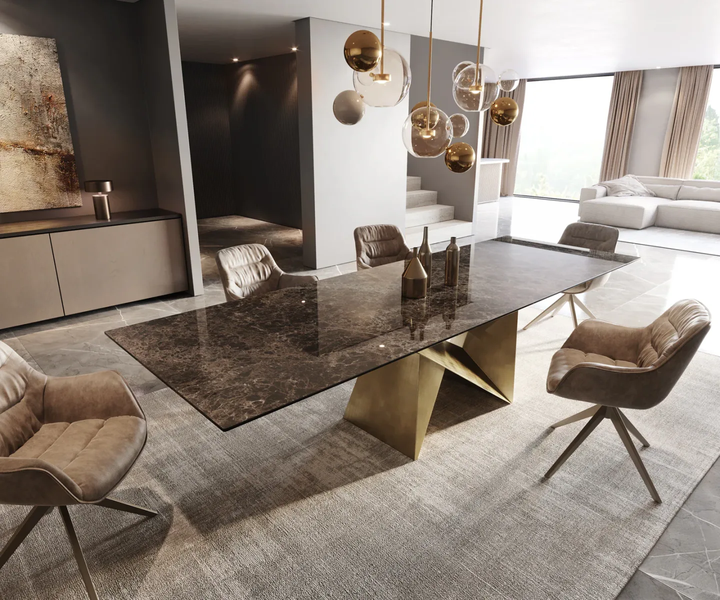 Esstisch Edge 300x100 Keramik Emperador Extra Lucidato Dunkelbraun Origami Metallic Gold
