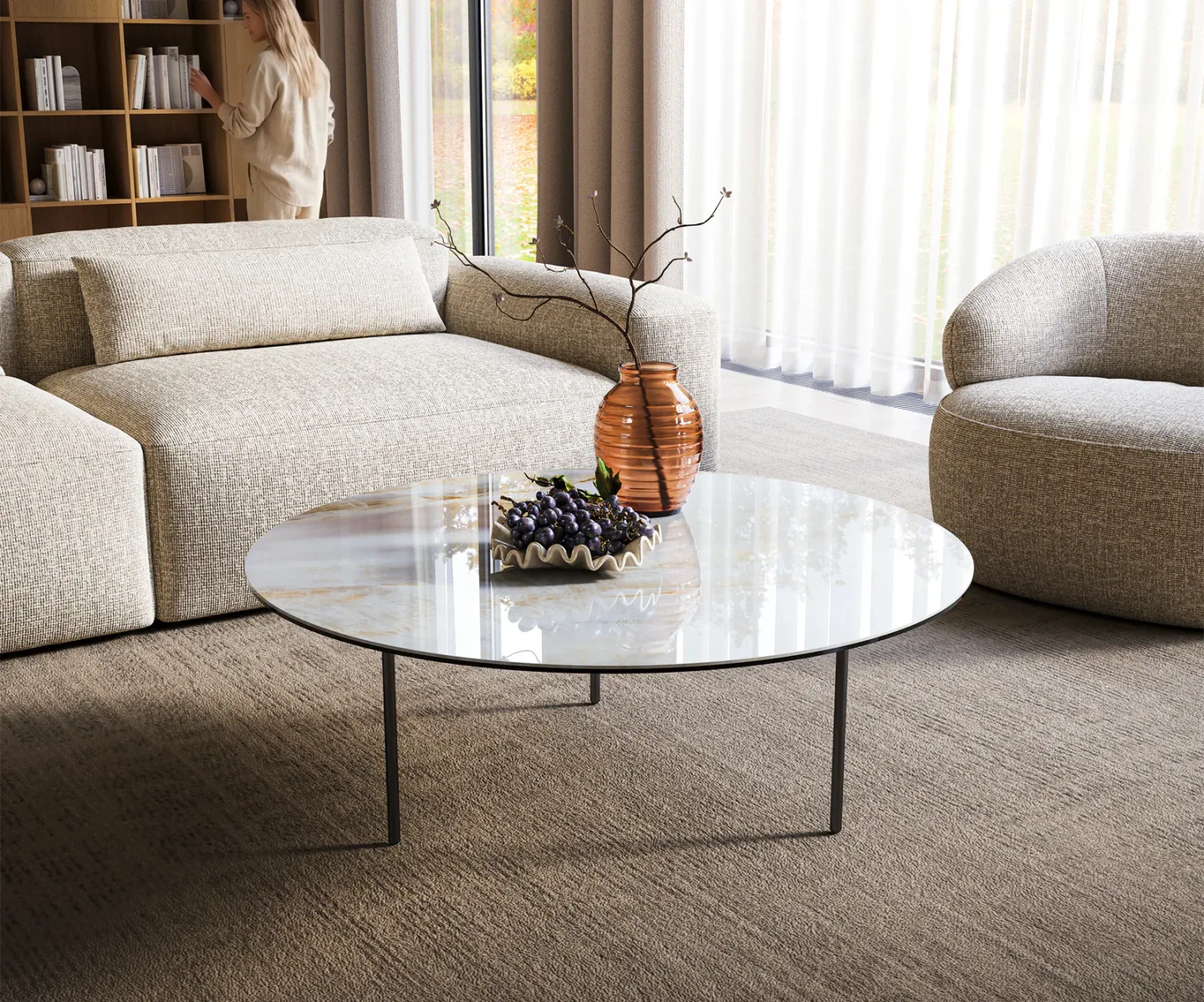 Couchtisch Edge Rund 100x100 cm Keramik Onyx Pearl Trive Metall Schwarz