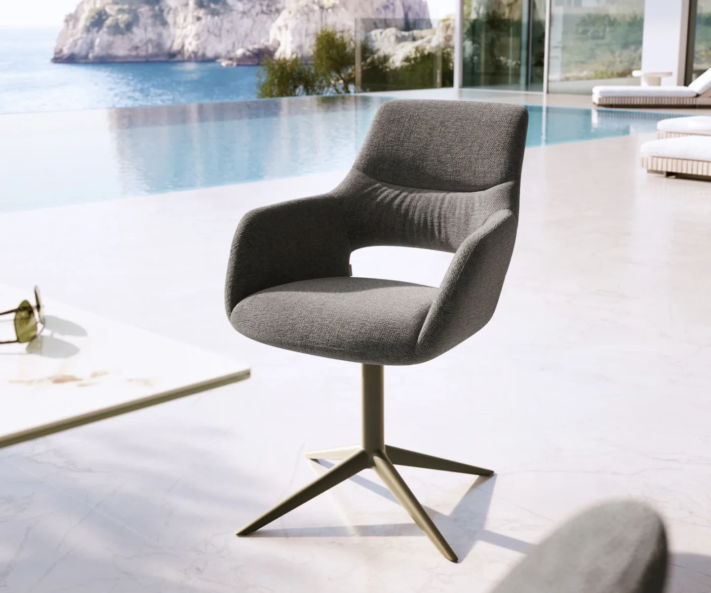 Outdoorstuhl Yago-Flex mit Armlehnen Strukturstoff Graphit Fußkreuz Effektfinish Titan 360° drehbar Wippfunktion