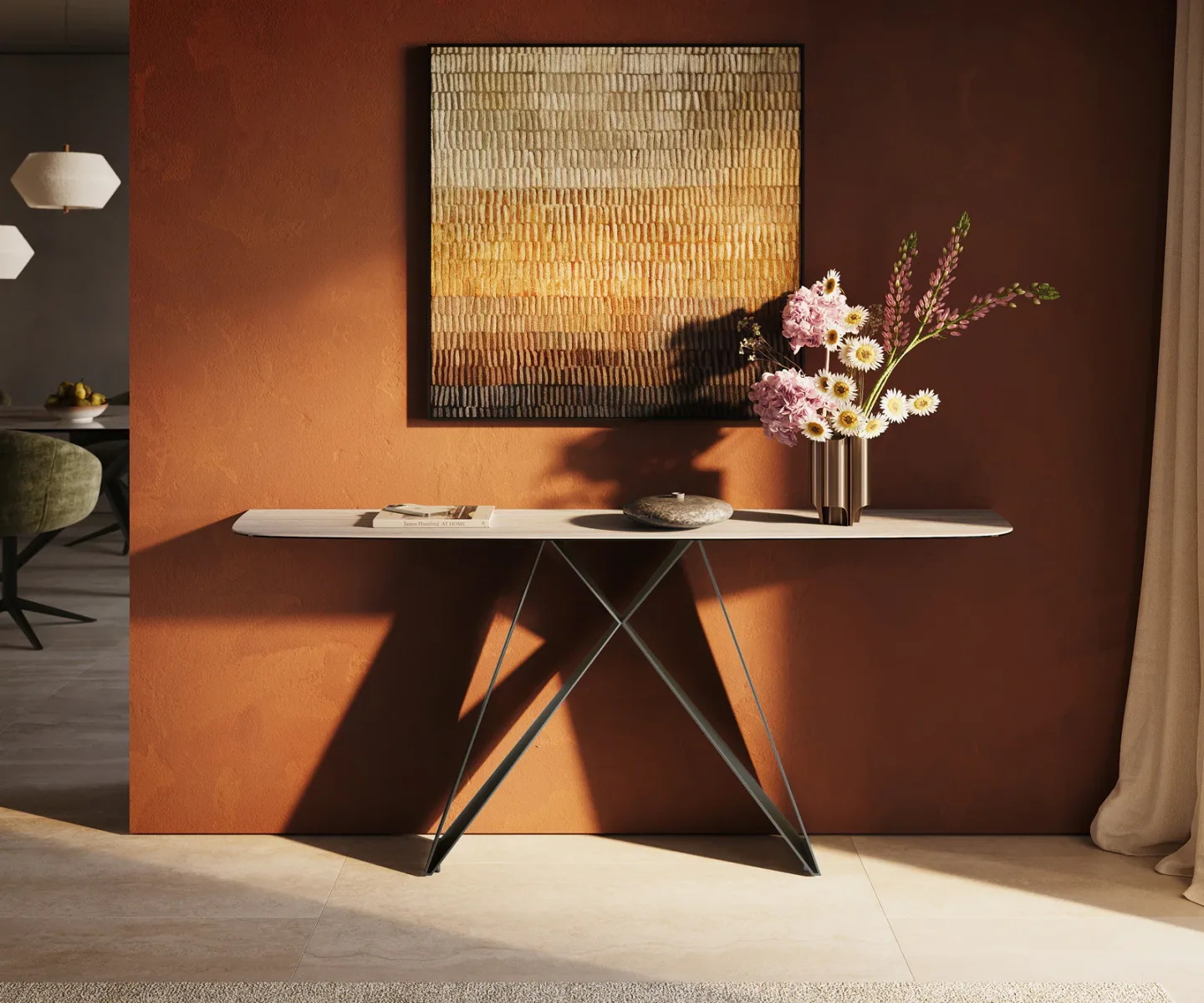 Konsolentisch Edge Boot 180x40 cm Keramik Laminam® Travertino Bianco Creme-Weiß Velio Metall Effektfinish Titan