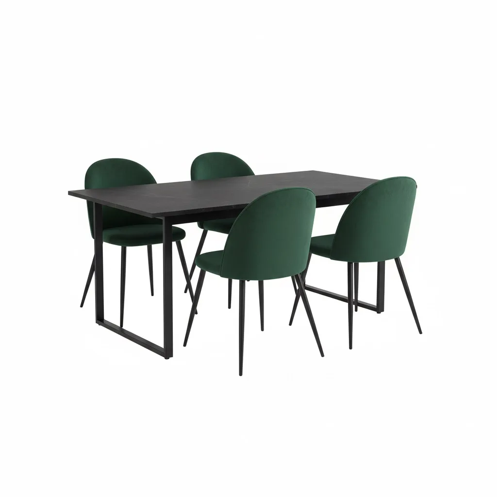 Tilst Essgruppe Tisch schwarz Marmor Print 90x160 4 Stühlen Velour grün.