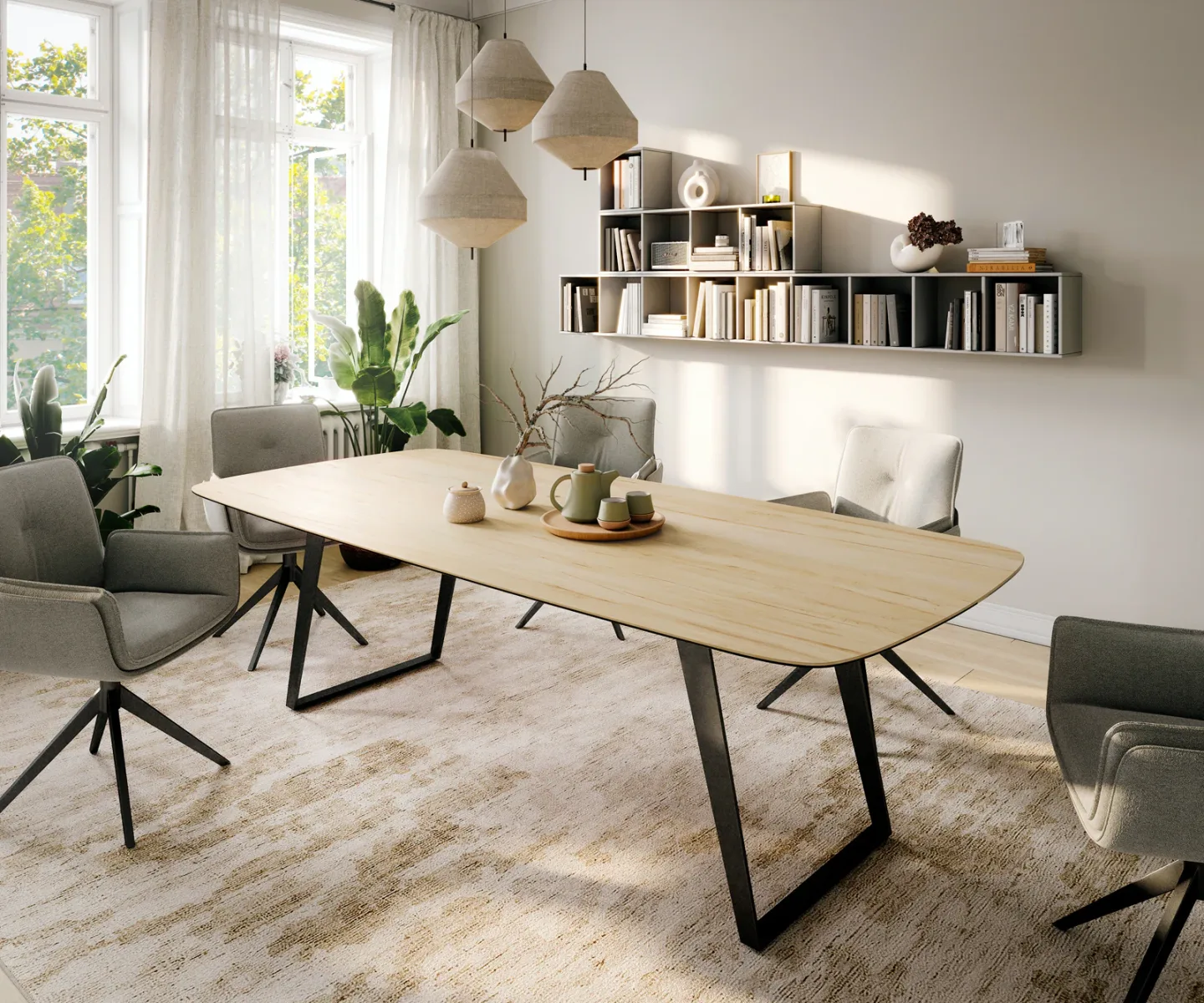 Esstisch Edge Boot 260x120 cm Keramik Laminam® Sabbia Eichefarbig Metall Schräg Schwarz