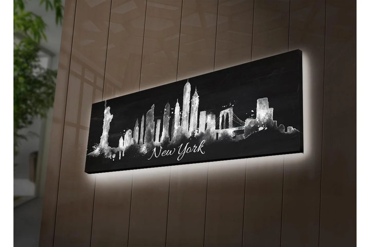 Canvastavla med LED-belysning 30x90 cm - Silhuett av New Yorks skyline med ikoniska byggnader - Svart / Vitt