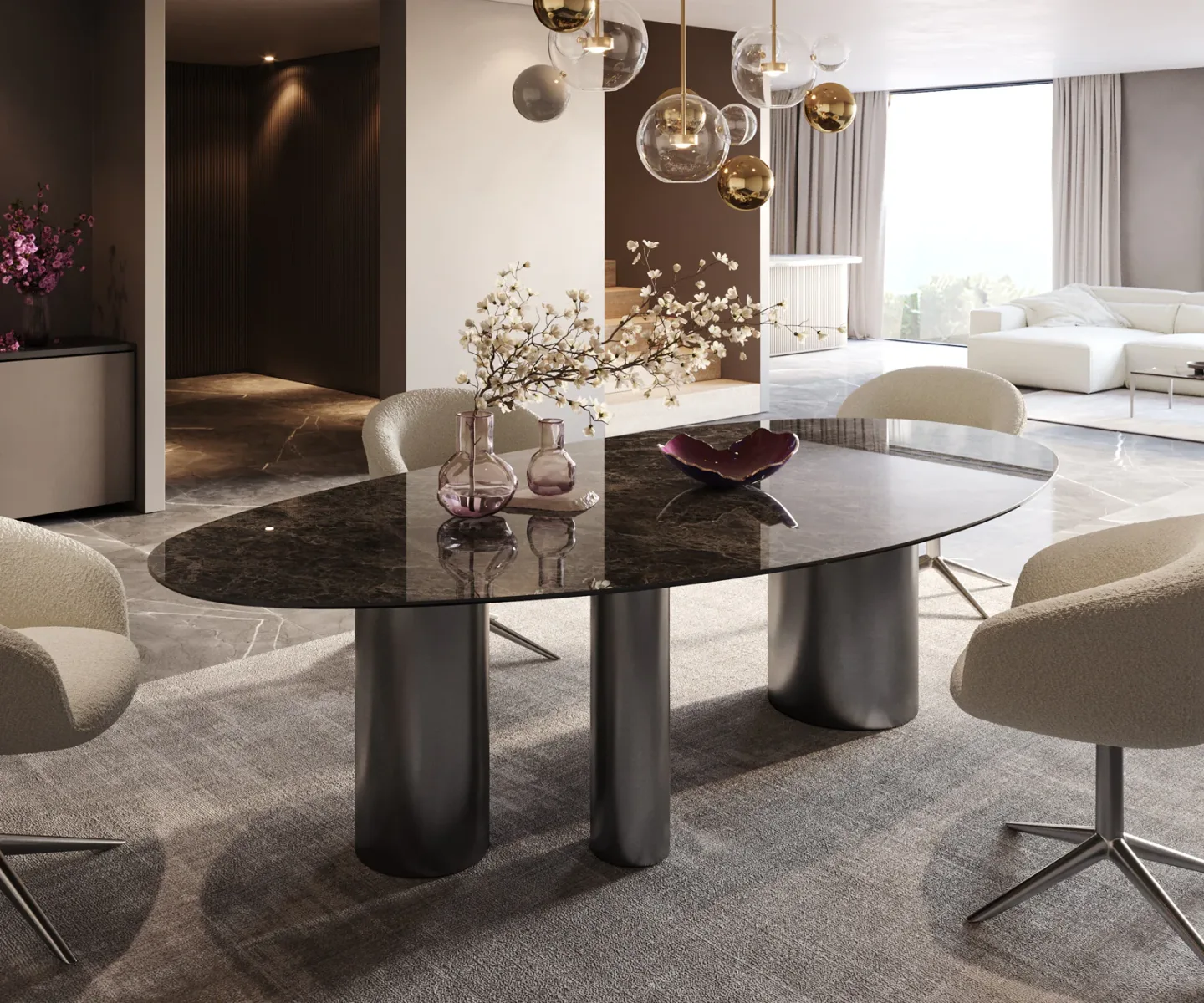 Esstisch Edge Oval 280x130 Keramik Emperador Extra Lucidato Dunkelbraun Troa Edelstahl Graphit