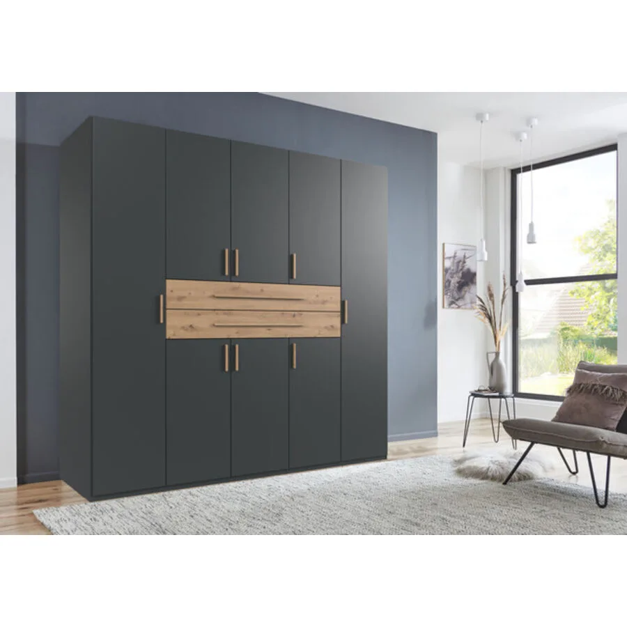 Kleiderschrank Stride Grafit, Abs. Artisan-Eiche-Nachbildung - Griffe Artisan-Eiche-NB Mischholz B 225 cm
