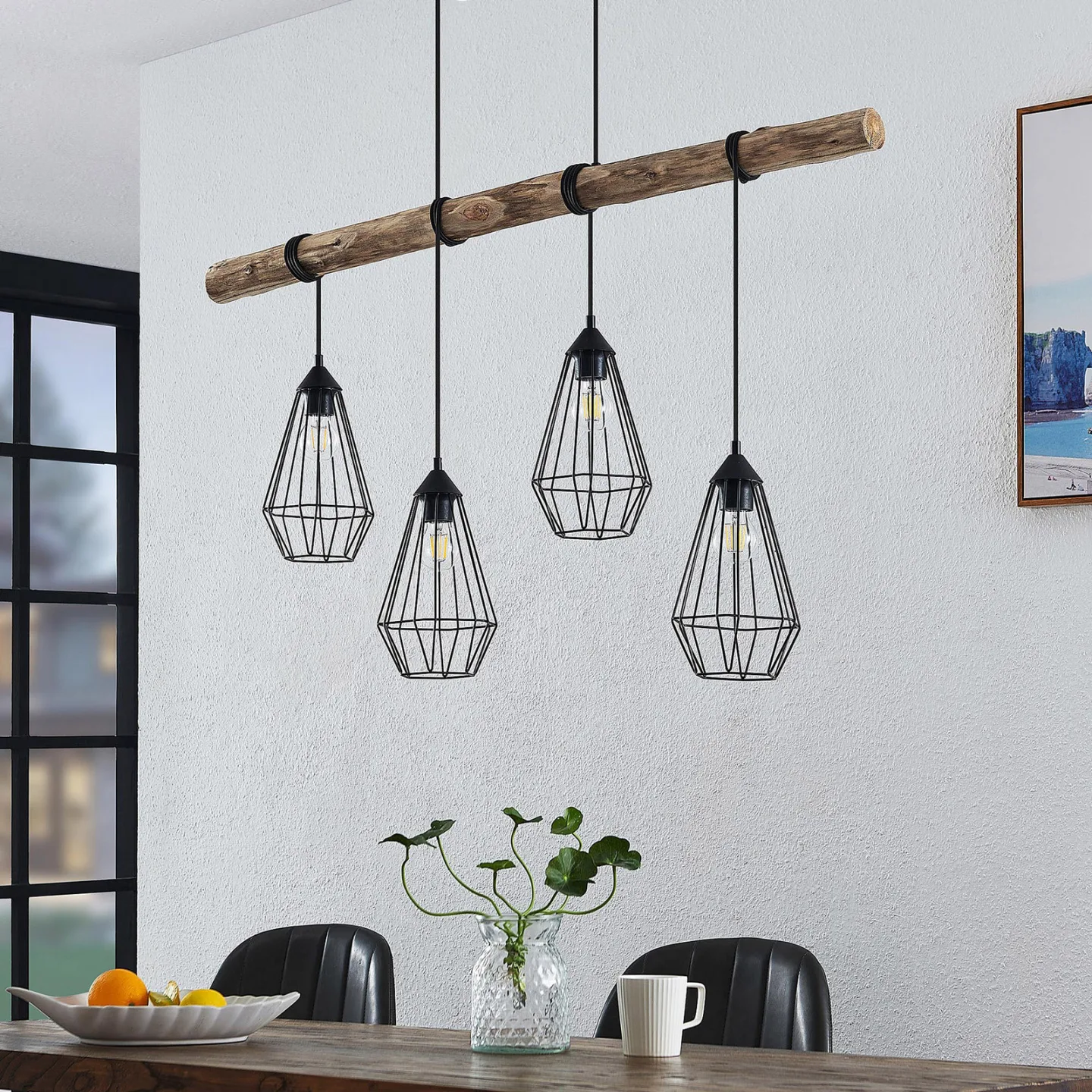 Eldarion 4 Pendel Black/Wood - Lindby - Stue - Moderne - Metal - Med flere lyskilder