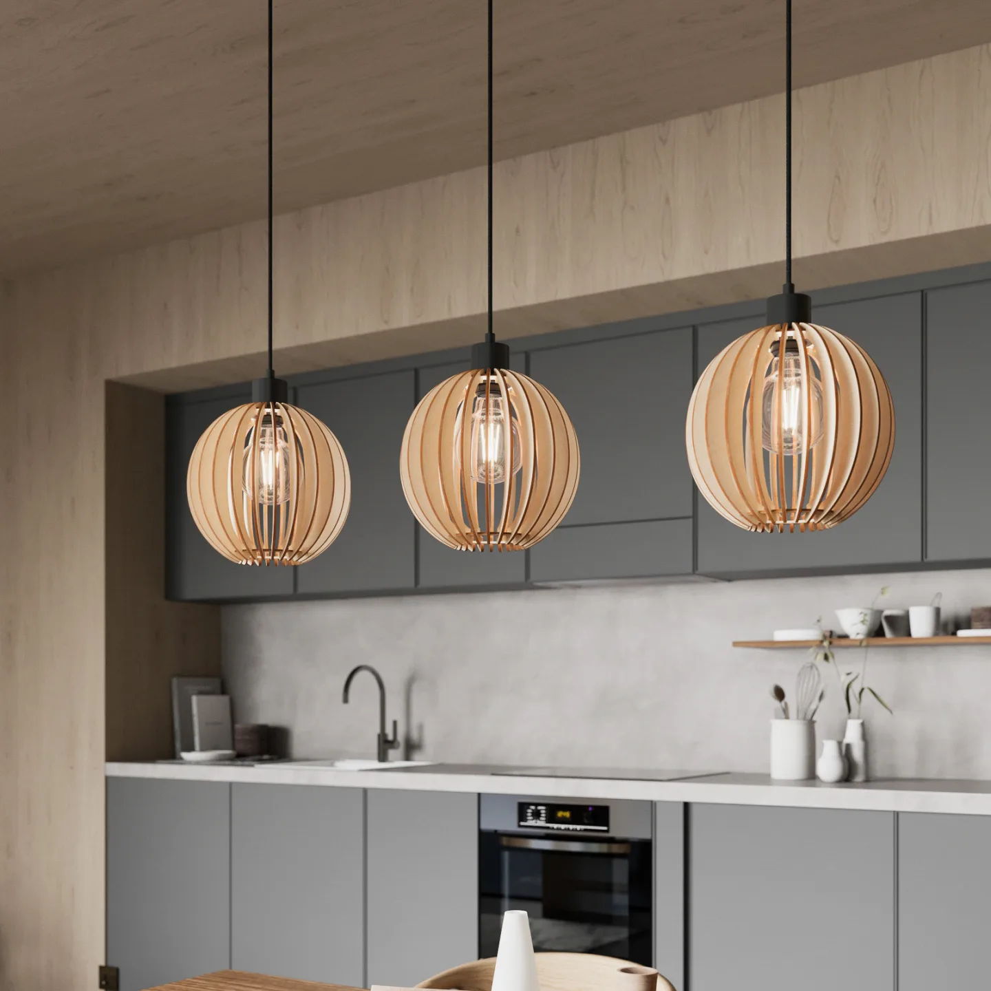Clay 3 Pendelleuchte Black/Wood - Envostar - Flurbereich - Skandinavisch - Holz - Mehrflammig