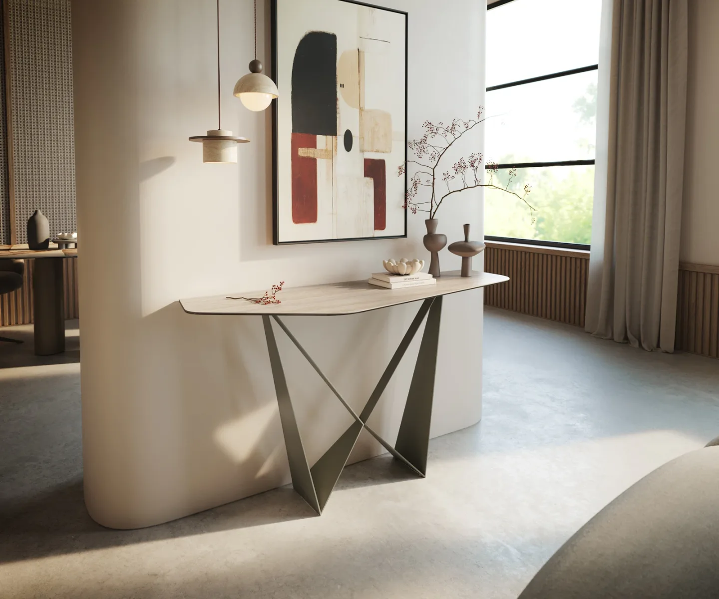 Konsolentisch Edge Polygonal 140x50 cm Keramik Laminam® Travertino Bianco Creme-Weiß Spios Metall Effektfinish Titan