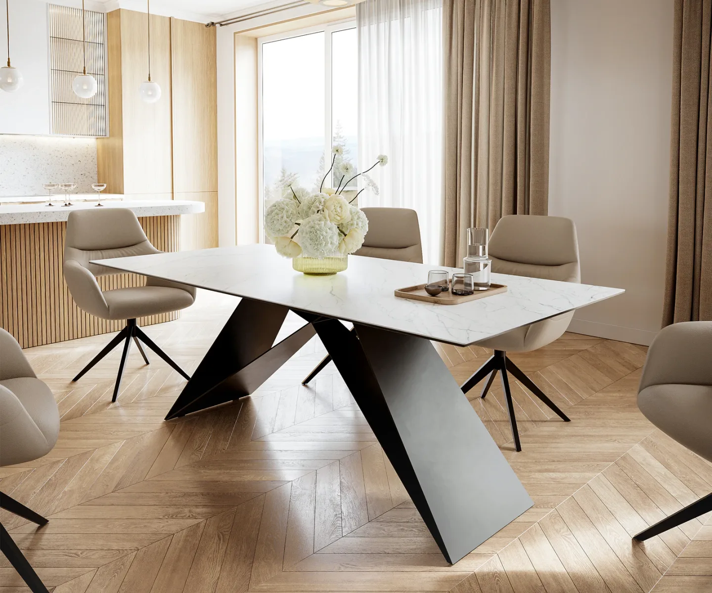Esstisch Edge 200x100cm Keramik Laminam®Statuarietto Weiß V-Mittelfuß Schwarz